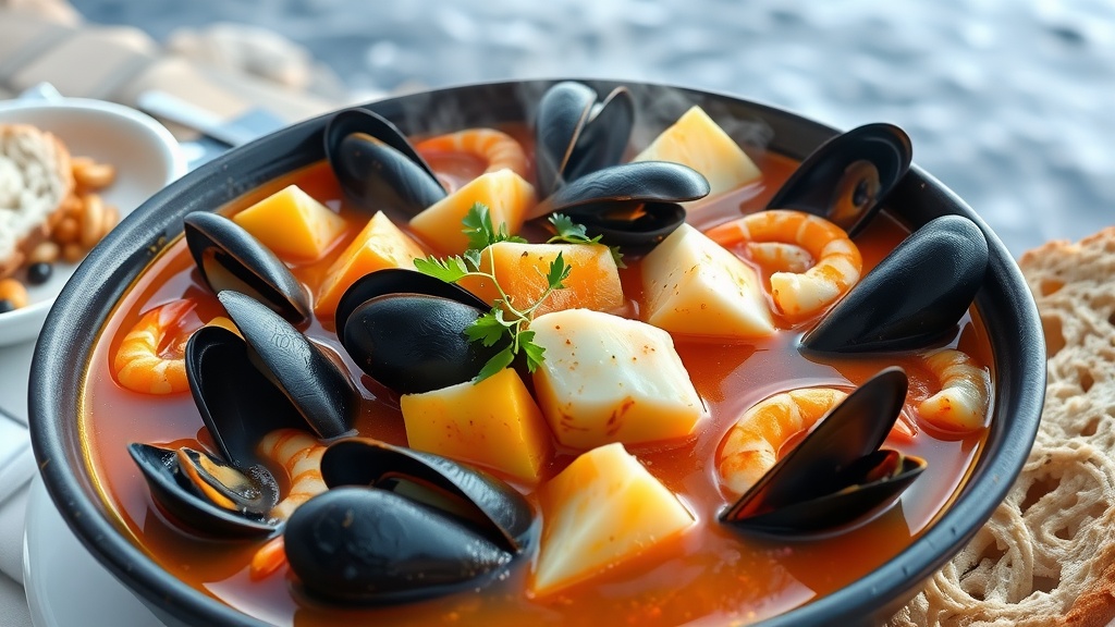 Authentic Bouillabaisse Recipe A vibrant bowl of Bouillabaisse with seafood and herbs, accompanied by crusty bread.